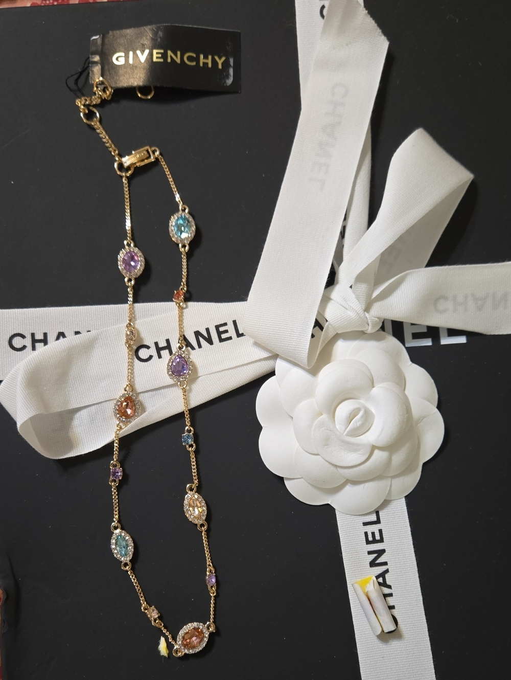 Givenchy Gold Necklace with Blue, Purple, Pink and Peach Gems
